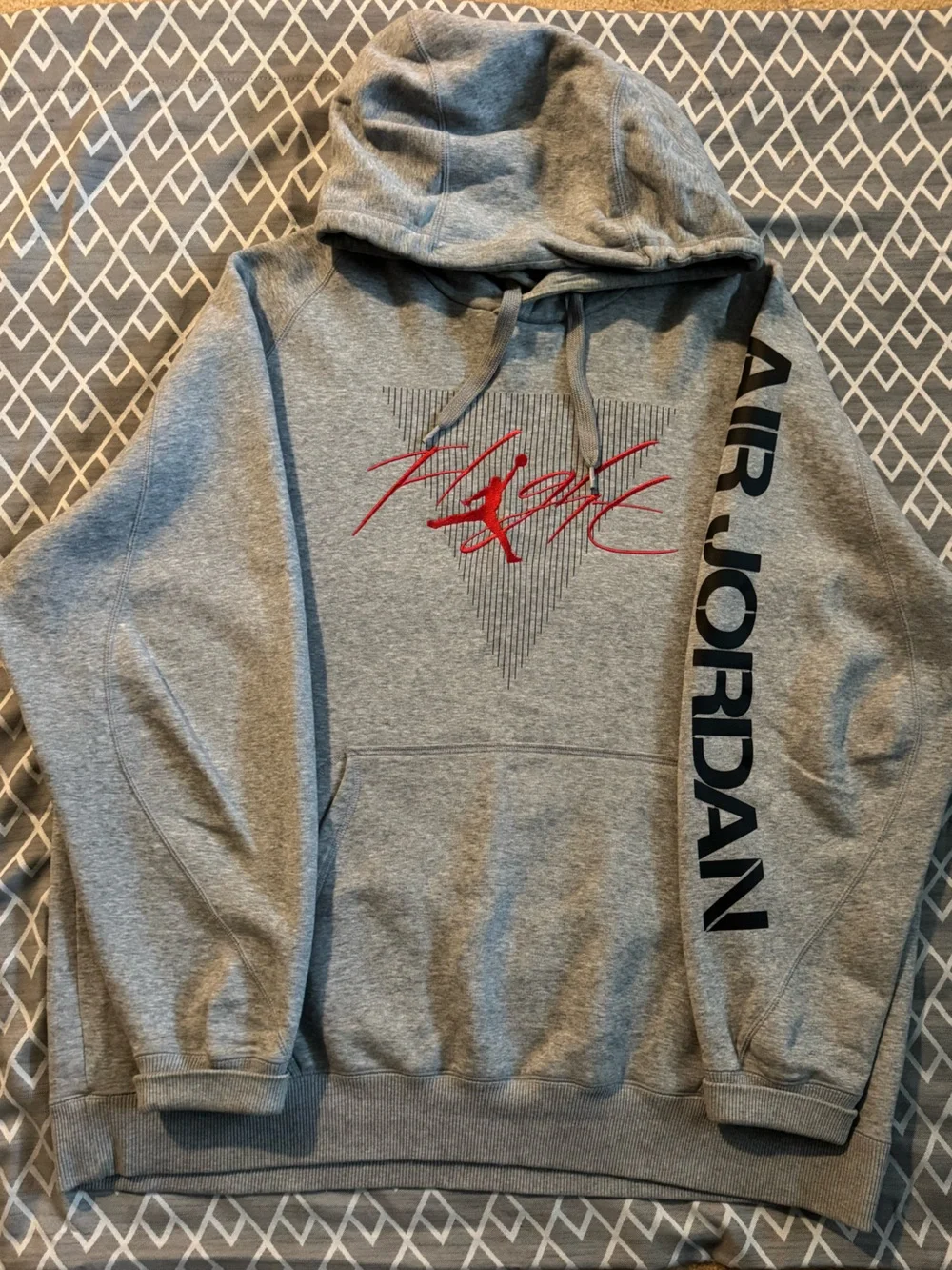 Jordan Gray Hoodie with Red Jumpman and Black Stripe Graphic